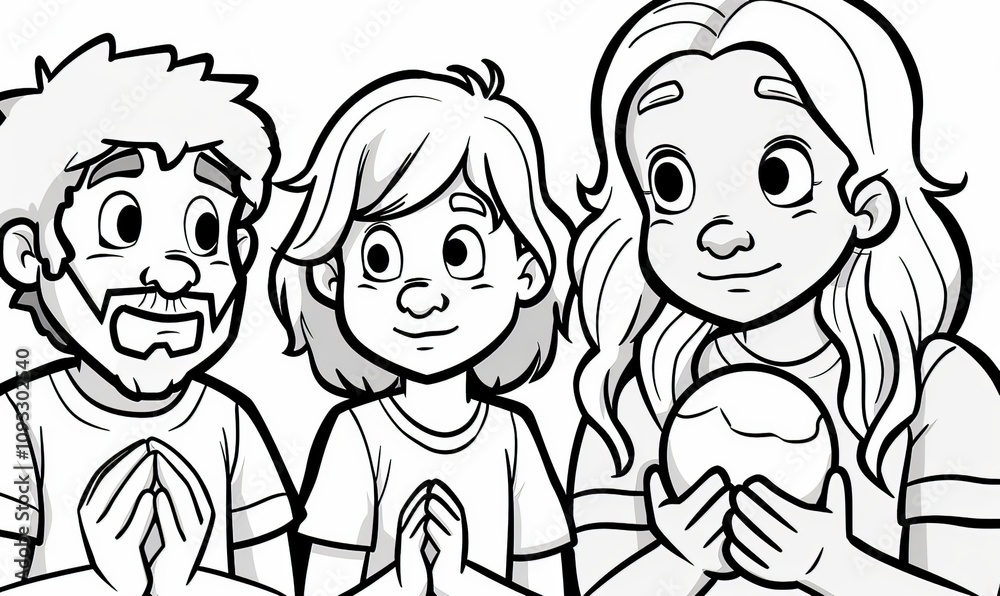 Children are shown with contemplative expressions, engaged in an emotional moment of sharing while a grateful woman kneels beside Jesus in this charming black and white coloring illustration Children are shown with contemplative expressions, engaged in an emotional moment of sharing while a grateful woman kneels beside Jesus in this charming black and white coloring illustration