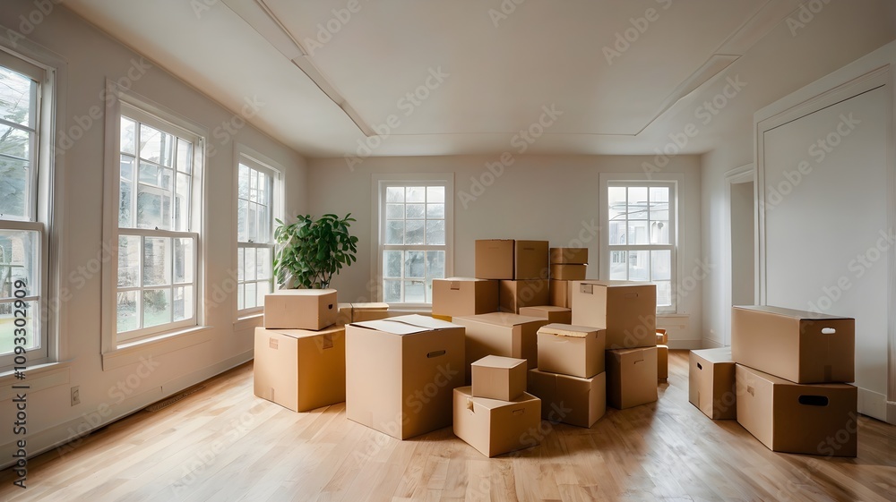 A room filled with stacked cardboard boxes, hinting at a significant life change such as moving out or starting fresh, A room filled with stacked cardboard boxes, hinting at a significant life change such as moving out or starting fresh,