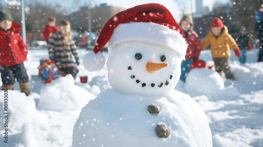 Fototapeta premium A close-up of a snowman wearing a Santa hat, surrounded by children playing in the snow and building more snow sculptures. 