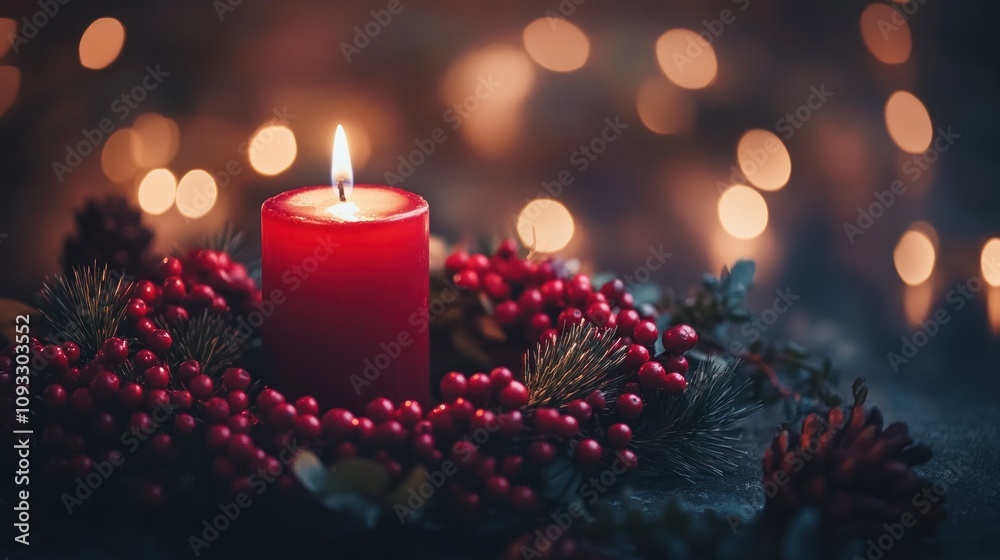 Festive Candle Lit Within A Winter Wreath Of Berries Festive Candle Lit Within A Winter Wreath Of Berries
