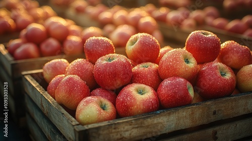 Fresh Red Apples Glistening with Dew in Rustic Wooden Crates at a Vibrant Market During Early Morning Light