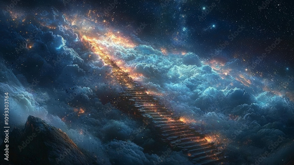 A breathtaking image of a fiery celestial staircase rising through vibrant, swirling cosmic clouds, evoking feelings of awe and wonder at its ethereal beauty. A breathtaking image of a fiery celestial staircase rising through vibrant, swirling cosmic clouds, evoking feelings of awe and wonder at its ethereal beauty.