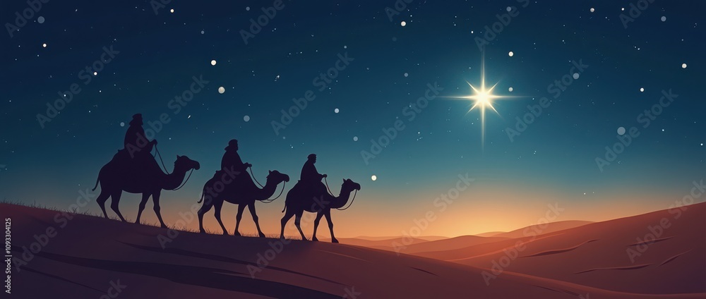 custom made wallpaper toronto digitalBiblical story, three Wise Men, or the Magi, following the Star of Bethlehem to find the newborn Jesus Christ, silhouetted against evening sky, with a bright star guiding their journey