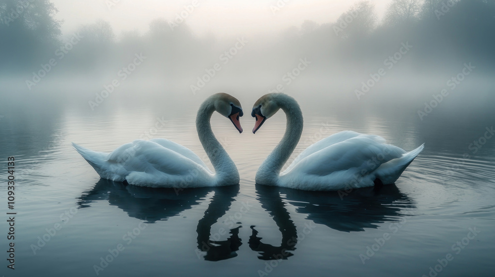 Fototapeta premium two white swans swimming on a quiet lake on a foggy morning. 
