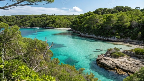 Secluded cove with clear turquoise waters and lush vegetation, secluded spot, cove