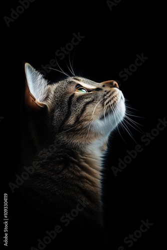 Dramatic Side Profile of a Tabby Cat with Illuminated Whiskers and Vibrant Green Eye on Black Background