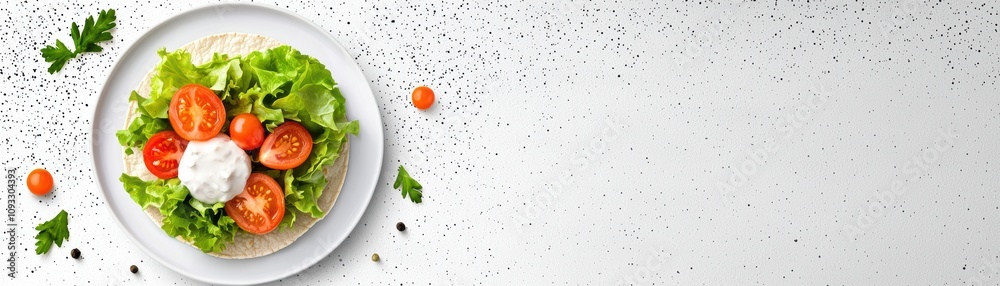 Fresh salad with greens, tomatoes, and yogurt on a white background. Fresh salad with greens, tomatoes, and yogurt on a white background.