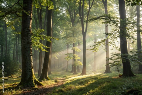 Soft focus captures the serene beauty of a forest illuminated by dappled sunlight, green foliage, leafy branches, peaceful atmosphere photo