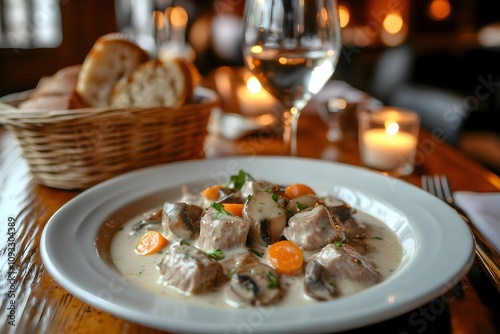 Close-up of Blanquette de Veau, Veal Blanquette, with veal chunks, carrots, mushrooms in rich white sauce on a rustic table in a French restaurant with warm lighting