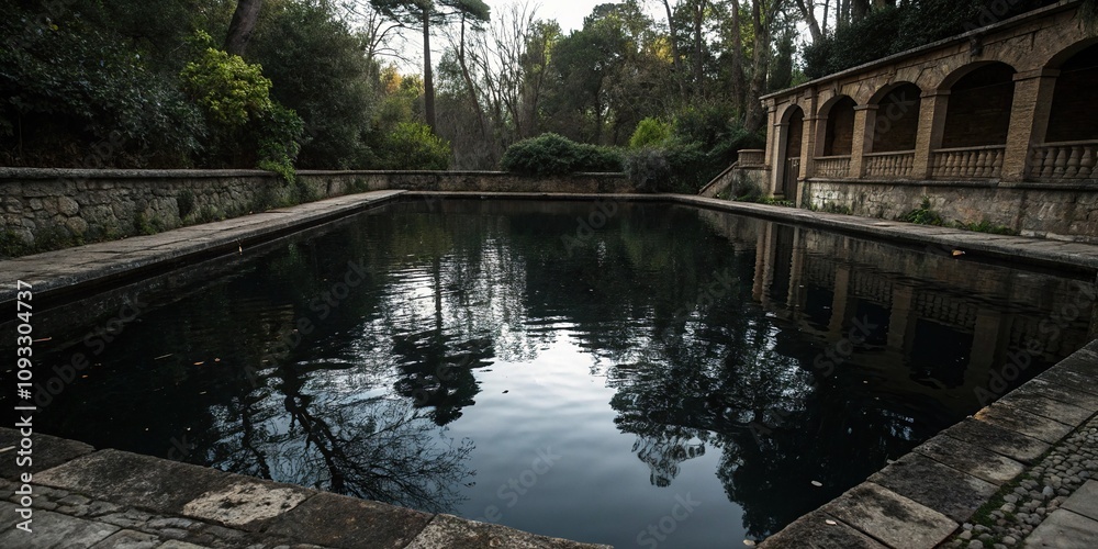 Still pool of dark water with subtle reflection, luminous hues, ripples in water Still pool of dark water with subtle reflection, luminous hues, ripples in water