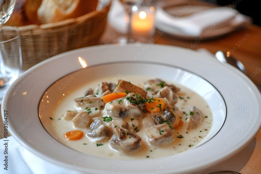 Close-up of Blanquette de Veau, Veal Blanquette, with veal chunks, carrots, mushrooms in rich white sauce on a rustic table in a French restaurant with warm lighting Close-up of Blanquette de Veau, Veal Blanquette, with veal chunks, carrots, mushrooms in rich white sauce on a rustic table in a French restaurant with warm lighting