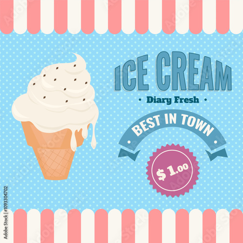 social media Ice cream banner. Sweet cold dessert for advertising. Retro brand post with text. Branding for cafe or shop. Flat vintage Vector illustration.