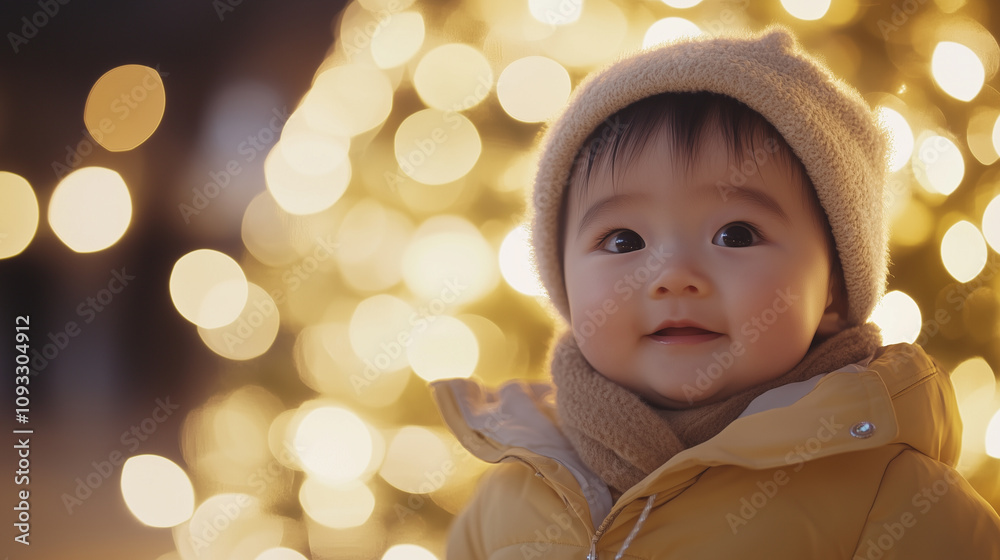 asian baby against blurred Christmas tree, New Year, banner asian baby against blurred Christmas tree, New Year, banner