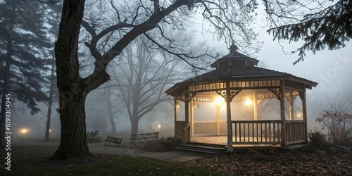 The fog seeps into the crevices of the wooden gazebo's structure, creating an eerie, mystical glow that seems to emanate from within its very core, mysterious glow, icy