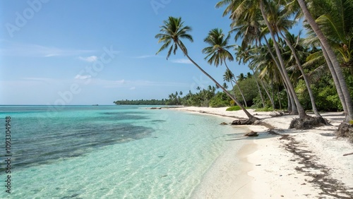 Tranquil palm-lined beach with crystal-clear turquoise waters, ocean, sea