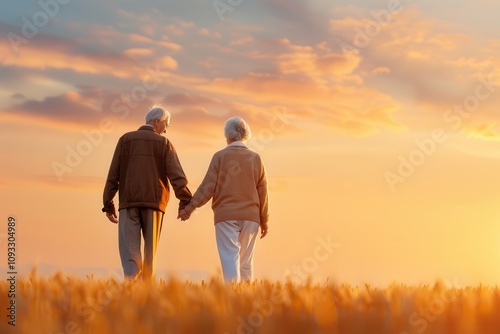 An elderly couple holding hands and walking through a wheat field at sunset, bathed in warm golden light under a vibrant sky.