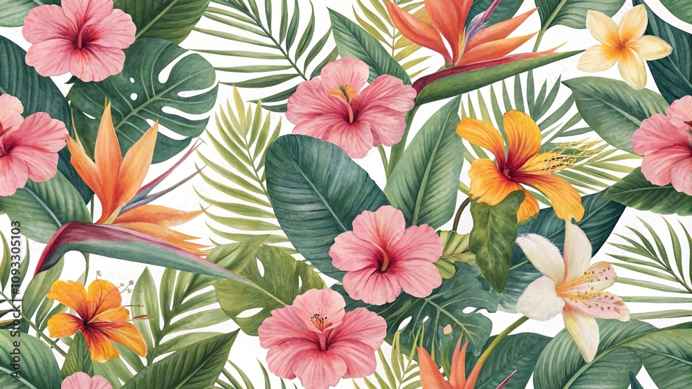 Tropical flower and leaf wallpaper with exotic flowers like birds of paradise and hibiscus, surrounded by lush foliage in shades of pink, Tropical flower and leaf wallpaper with exotic flowers like birds of paradise and hibiscus, surrounded by lush foliage in shades of pink,
