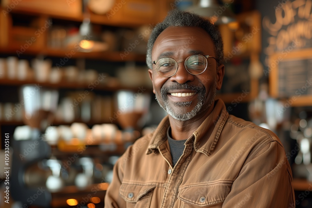 Smiling African American coffee shop owner with glasses in comfortable, inviting cafe environment. Dressed casually in a brown jacket, radiating warmth and friendliness, surrounded by coffee machines. Smiling African American coffee shop owner with glasses in comfortable, inviting cafe environment. Dressed casually in a brown jacket, radiating warmth and friendliness, surrounded by coffee machines.
