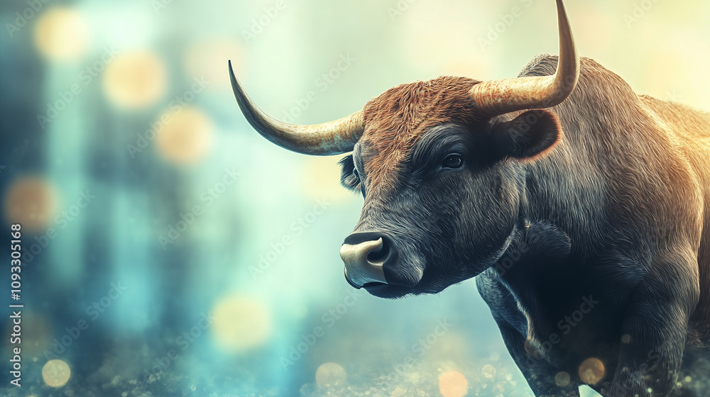 Naklejka premium A realistic portrait of a bull against a blurred background with soft golden and blue highlights, creating an atmosphere of tranquility and strength