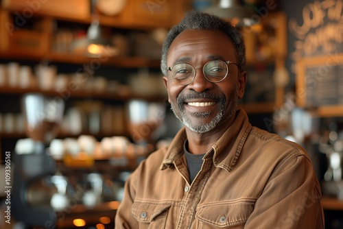 Smiling African American coffee shop owner with glasses in comfortable, inviting cafe environment. Dressed casually in a brown jacket, radiating warmth and friendliness, surrounded by coffee machines.