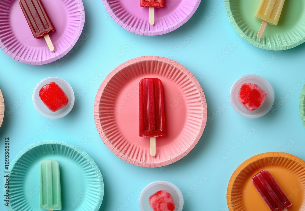 Colorful Display of Ice Pops and Gelatin Desserts on Pastel Plates Featuring Assorted Flavors and Bright Colors on a Vibrant Blue Background