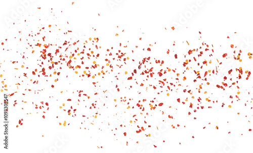 Fototapeta Naklejka Na Ścianę i Meble -  Spicy chili red pepper flakes flying, chopped, milled dry paprika pile isolated on white