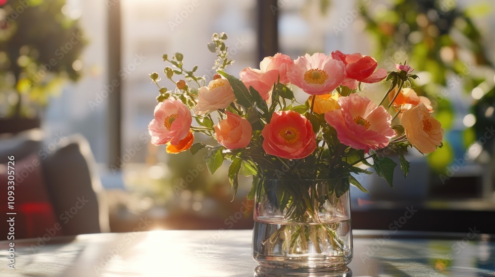 Sunlit Bouquet of Peach and Coral Poppies in Glass Vase Sunlit Bouquet of Peach and Coral Poppies in Glass Vase