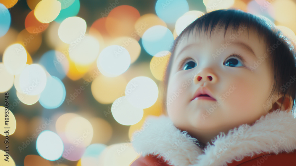 asian baby against blurred Christmas tree, New Year, banner asian baby against blurred Christmas tree, New Year, banner