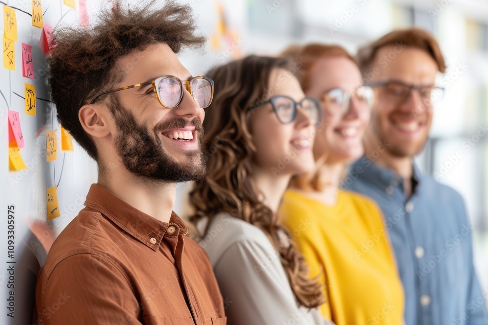 A diverse group of cheerful young professionals standing in a row, collaborating in an office with sticky notes on the wall behind them. A diverse group of cheerful young professionals standing in a row, collaborating in an office with sticky notes on the wall behind them.