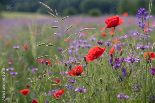 *Close-up of delicate wild red purple flowers in a densely packed meadow, red flowers, macro photography, garden, meadow photo