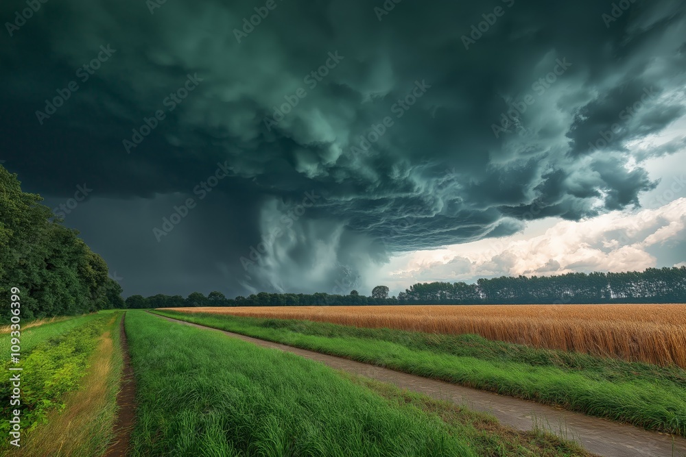 A dramatic landscape featuring a massive storm cloud sweeping over farmland with green grass and golden fields, capturing the contrast between light and dark skies A dramatic landscape featuring a massive storm cloud sweeping over farmland with green grass and golden fields, capturing the contrast between light and dark skies