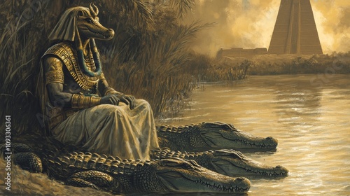 Sobek , ancient Egyptian deity Watching Over Crocodiles photo