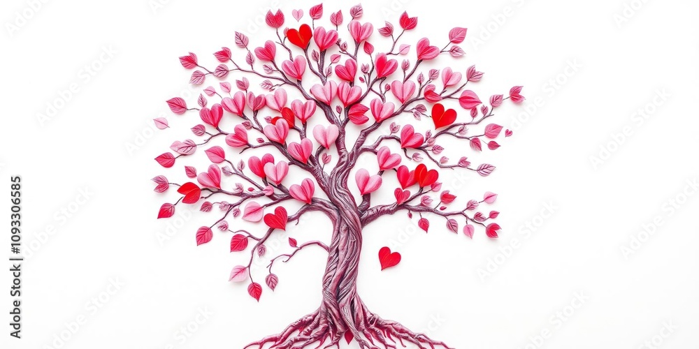 Fototapeta premium A beautiful and intricate pink and red heart-shaped tree of life with detailed branches and leaves on a clean white canvas, botanical art, minimalist tree of life, heart shaped tree
