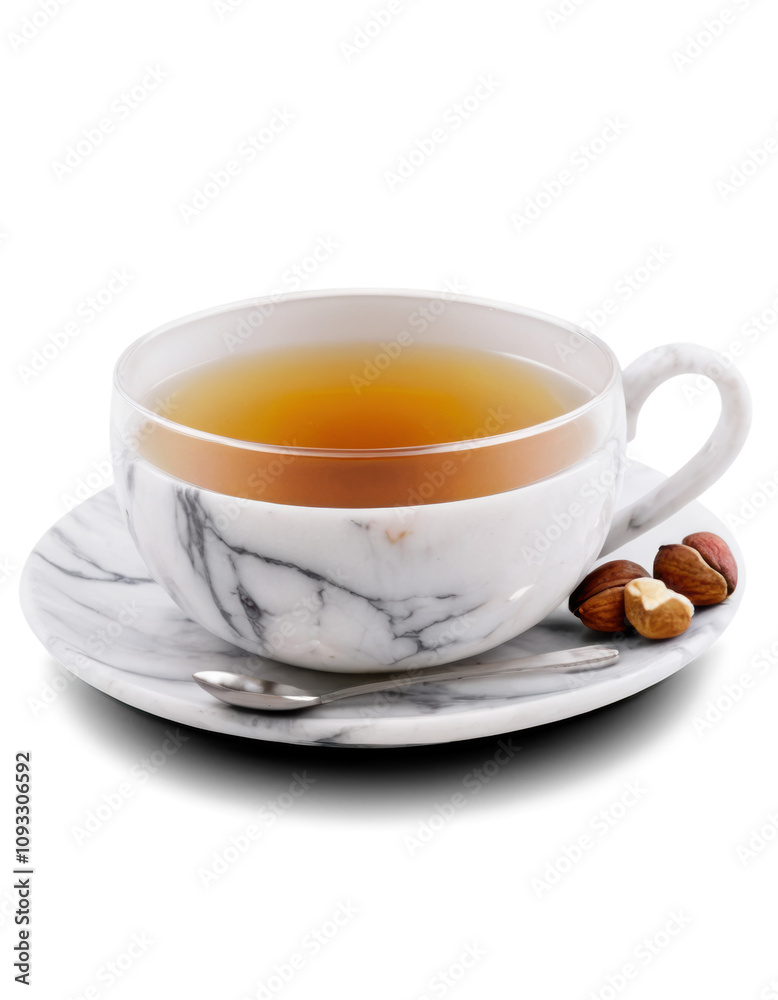 a white marble cup of hot tea, cup is in a white marble plate, a spoon and some nuts are in the plate too Transparent Background a white marble cup of hot tea, cup is in a white marble plate, a spoon and some nuts are in the plate too Transparent Background