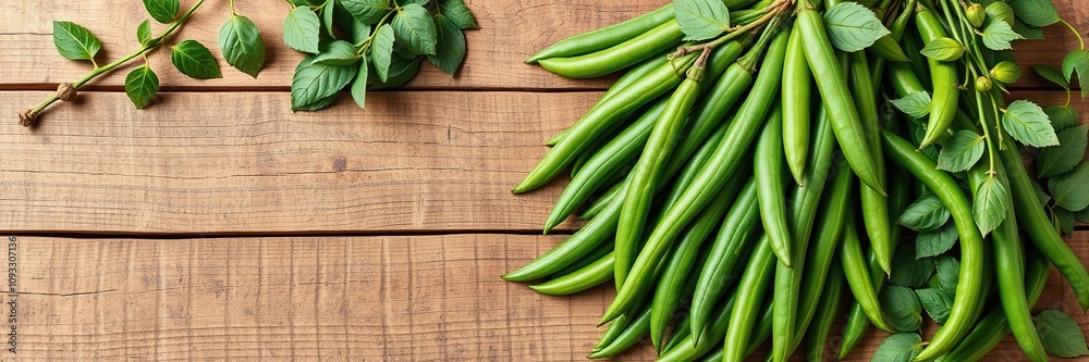 A bountiful harvest of green beans displayed on a rustic wooden table, fruit, harvest, crops A bountiful harvest of green beans displayed on a rustic wooden table, fruit, harvest, crops