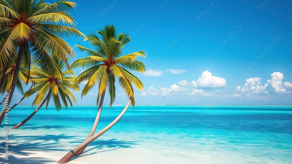 A breathtaking ocean scene with towering palm trees swaying gently in the breeze under a bright blue sky and calm turquoise waters, coastal view, peaceful atmosphere, soothing colors A breathtaking ocean scene with towering palm trees swaying gently in the breeze under a bright blue sky and calm turquoise waters, coastal view, peaceful atmosphere, soothing colors