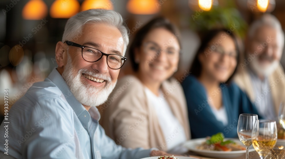 Smiling elderly man with glasses enjoying a meal with family at a restaurant, surrounded by warm lighting and joyful company. Smiling elderly man with glasses enjoying a meal with family at a restaurant, surrounded by warm lighting and joyful company.