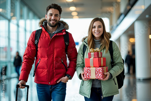 Young man and young woman go through the airport.
The man pushes the wheeled suitcase. Woman holds in her hands a three wrapped colorful Christmas gifts.
