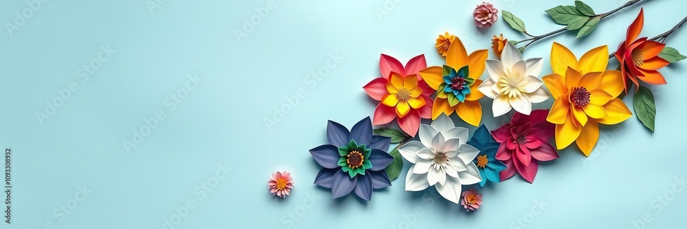 A cluster of colourful paper blooms on a serene light blue canvas with plenty of room for interpretation, negative space, art paper A cluster of colourful paper blooms on a serene light blue canvas with plenty of room for interpretation, negative space, art paper