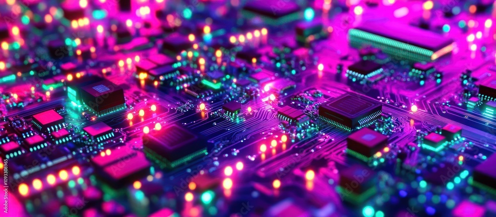 Vibrant close-up of illuminated circuit board components.