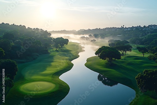 Early morning mist over a lush green golf course with a river