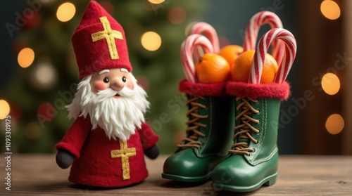 St. Nicholas Day background, greeting card, kid's boots with gifts and sweets