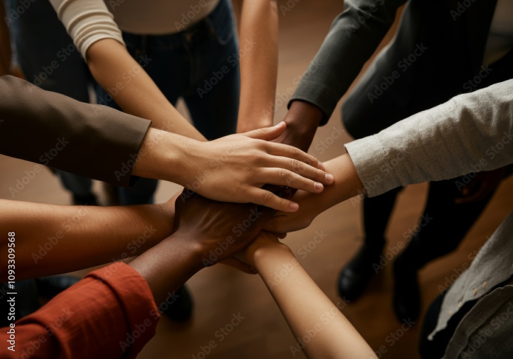 Diverse group of people putting hands together for teamwork and unity Diverse group of people putting hands together for teamwork and unity