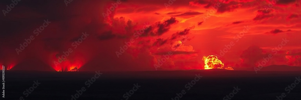 A dark and foreboding landscape stretches out, with fiery reds and oranges dominating the horizon, punctuated by bursts of explosive energy, noise backdrop, crimson shades