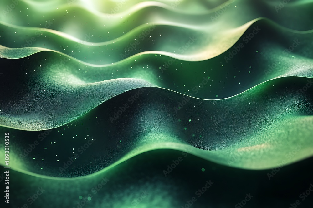 Abstract background with smooth green waves and shiny particles Abstract background with smooth green waves and shiny particles