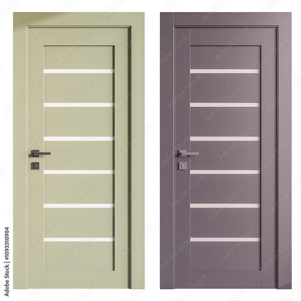 Two doors with a silver handle and a green handle Two doors with a silver handle and a green handle