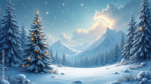 Snowy winter landscape with pine trees and mountains in background. Christmas, winter