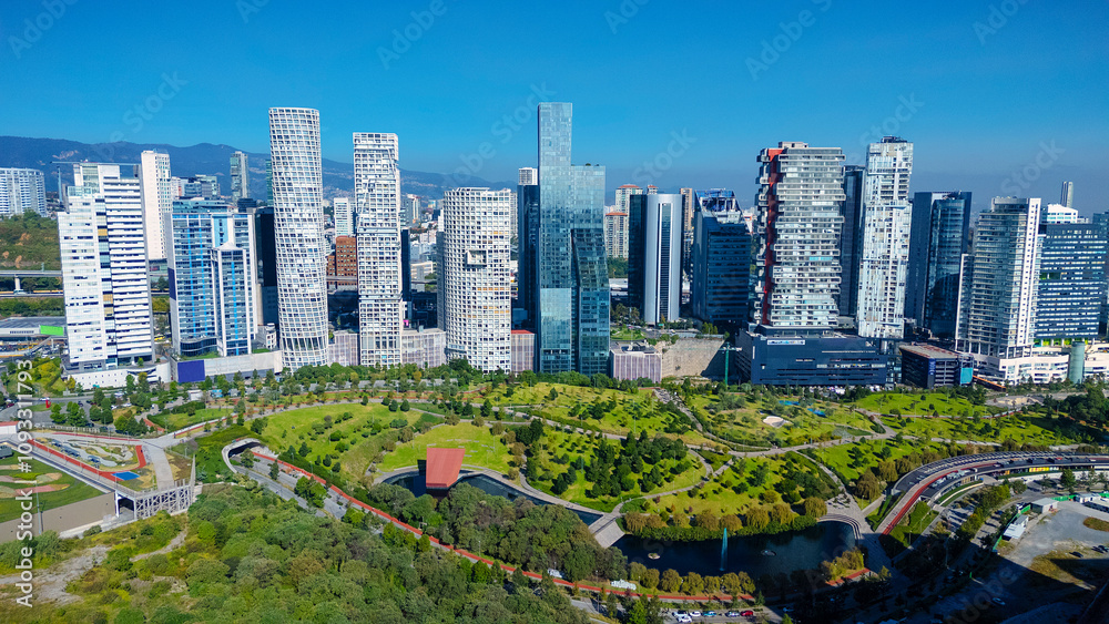 Obraz premium Postcard of Mexico City's financial district, Santa Fe, with its dozens of corporate buildings and its La Mexicana park, green areas that coexist with modernity.