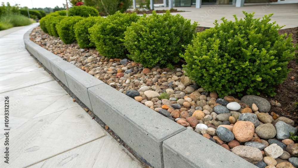 Obraz premium A concrete edging separates the lush green shrubs from a collection of colorful pebbles, pebble garden, gardening design