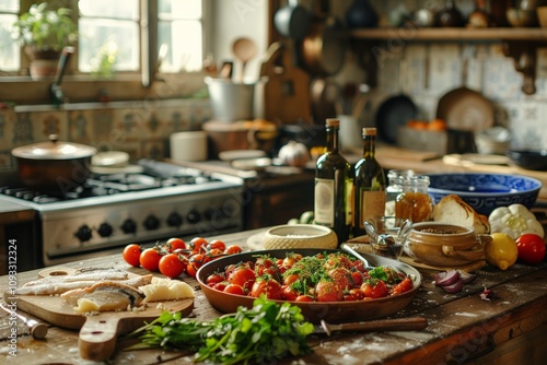 Rustic kitchen table with fresh ingredients for Mediterranean-inspired dish including tomatoes, herbs, fish fillets, and olive oil bottles, set against traditional decor and warm natural light.